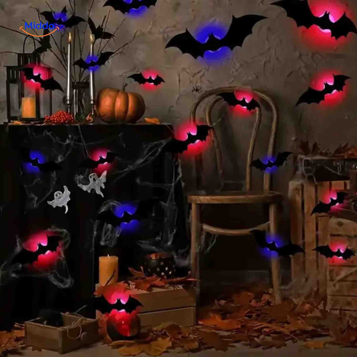 3D-LED-Wanddekoration Halloween Fledermäuse Spinnen Gespenster Leuchtende Wanddeko Gruselparty Kindgerechte Festdekoration | Sansoti