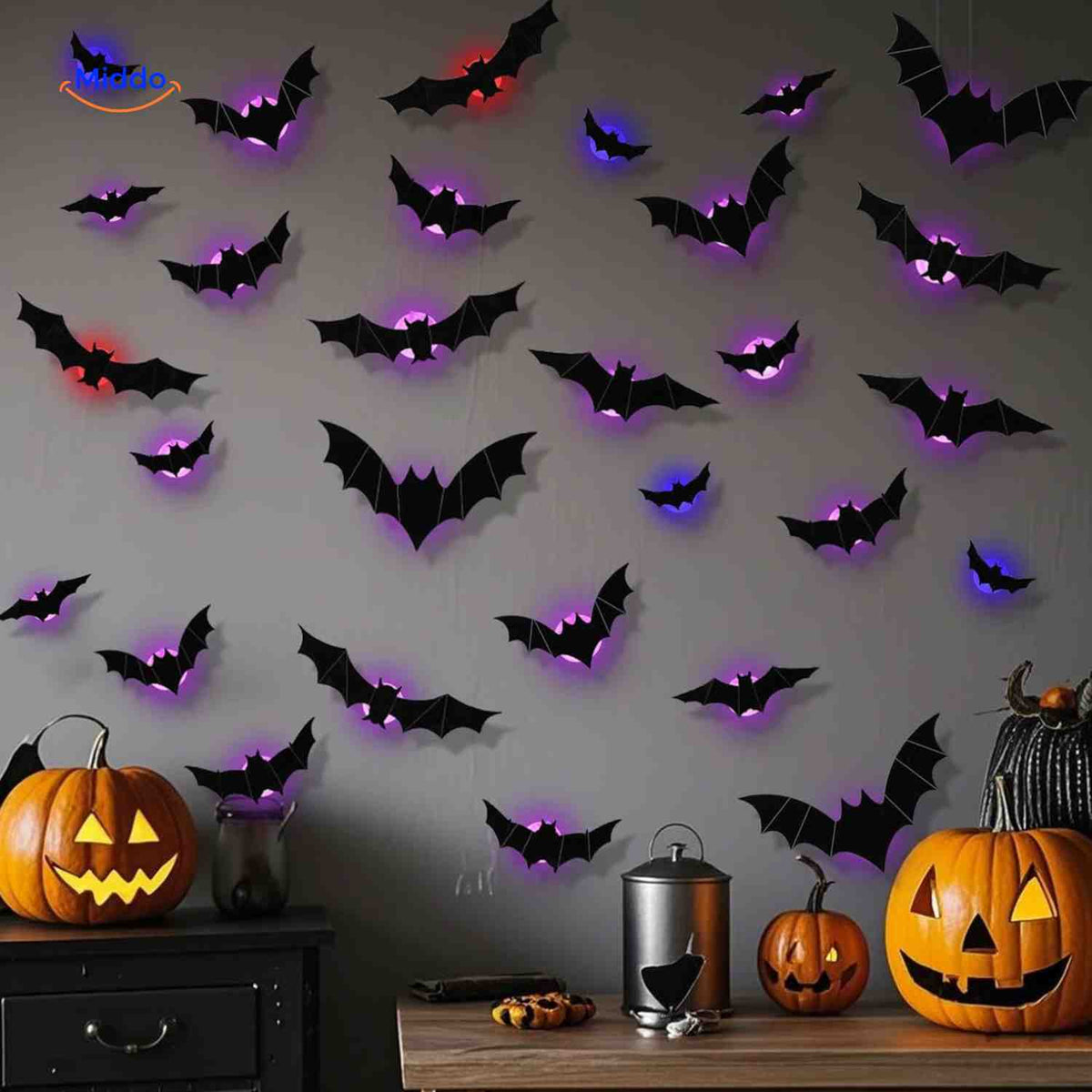 3D-LED-Wanddekoration Halloween Fledermäuse Spinnen Gespenster Leuchtende Wanddeko Gruselparty Kindgerechte Festdekoration | Sansoti