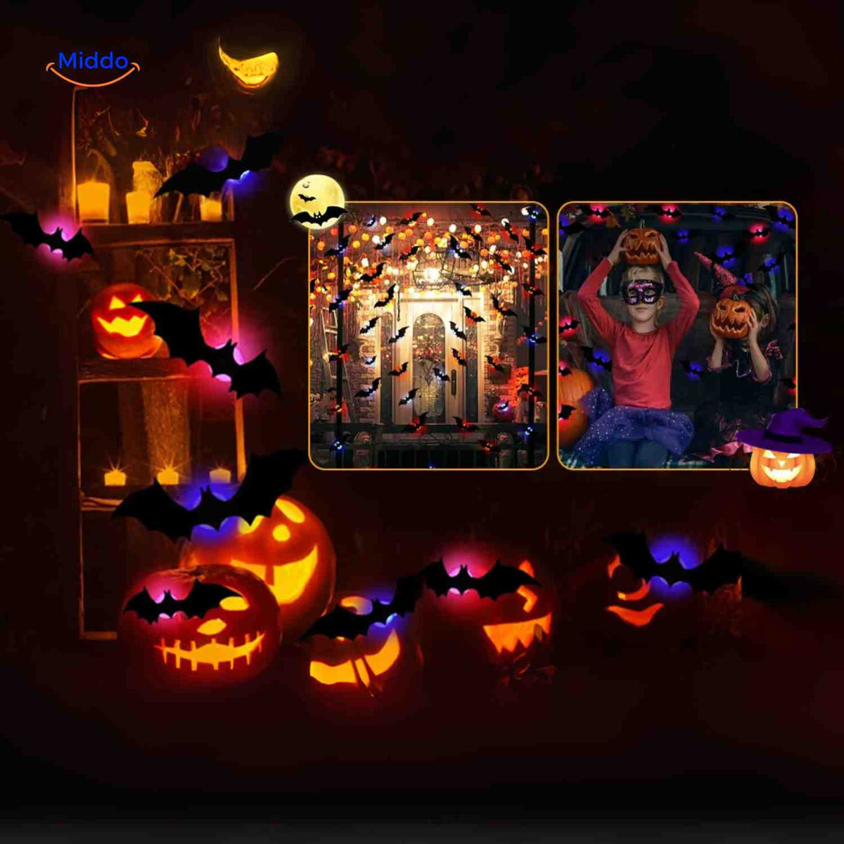 3D-LED-Wanddekoration Halloween Fledermäuse Spinnen Gespenster Leuchtende Wanddeko Gruselparty Kindgerechte Festdekoration | Sansoti