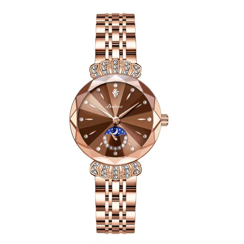 Maanfase Dameshorloge met Glanzende Steenaccenten Metalen Schakelband 30mm | Sansoti