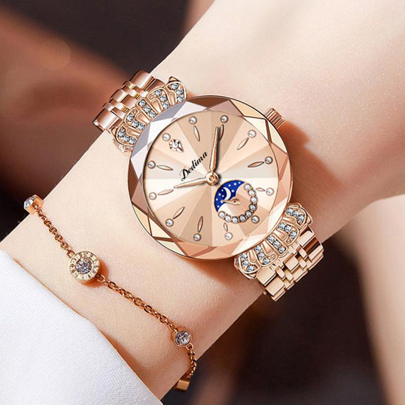 Maanfase Dameshorloge met Glanzende Steenaccenten Metalen Schakelband 30mm | Sansoti