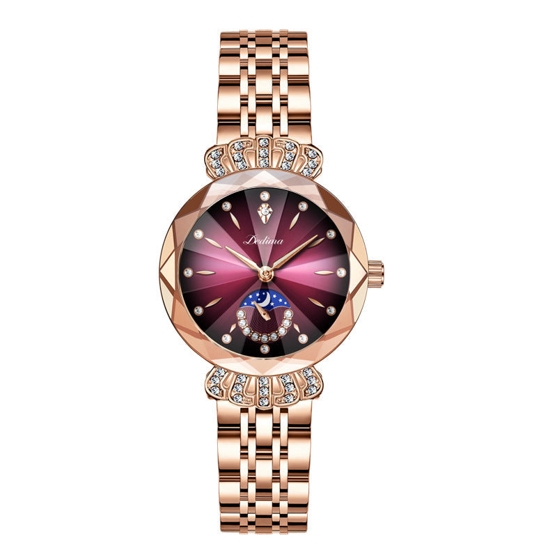 Maanfase Dameshorloge met Glanzende Steenaccenten Metalen Schakelband 30mm | Sansoti