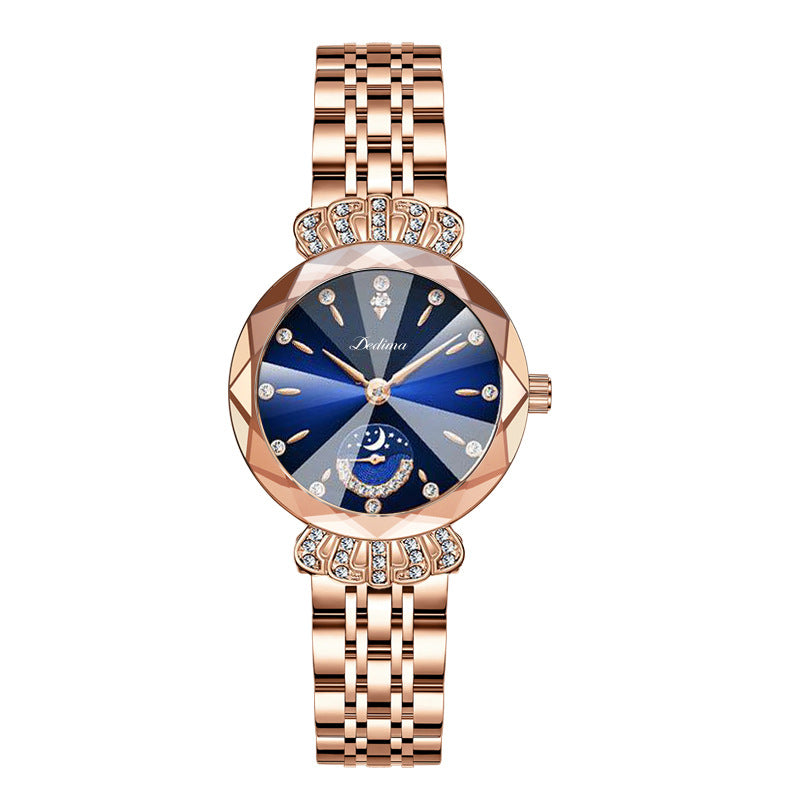 Maanfase Dameshorloge met Glanzende Steenaccenten Metalen Schakelband 30mm | Sansoti