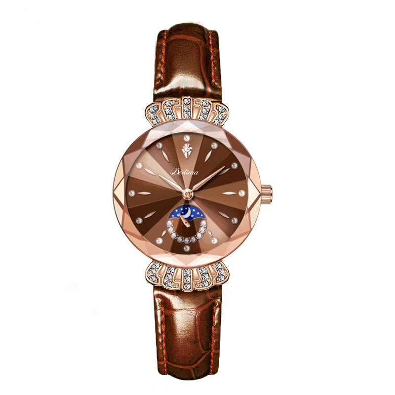 Maanfase Dameshorloge met Glanzende Steenaccenten Metalen Schakelband 30mm | Sansoti