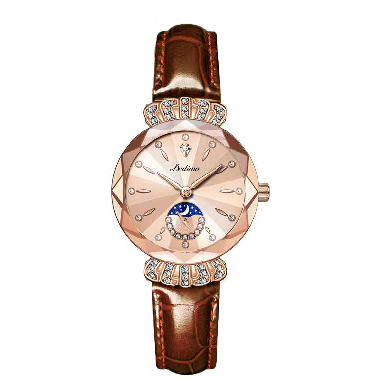 Maanfase Dameshorloge met Glanzende Steenaccenten Metalen Schakelband 30mm | Sansoti