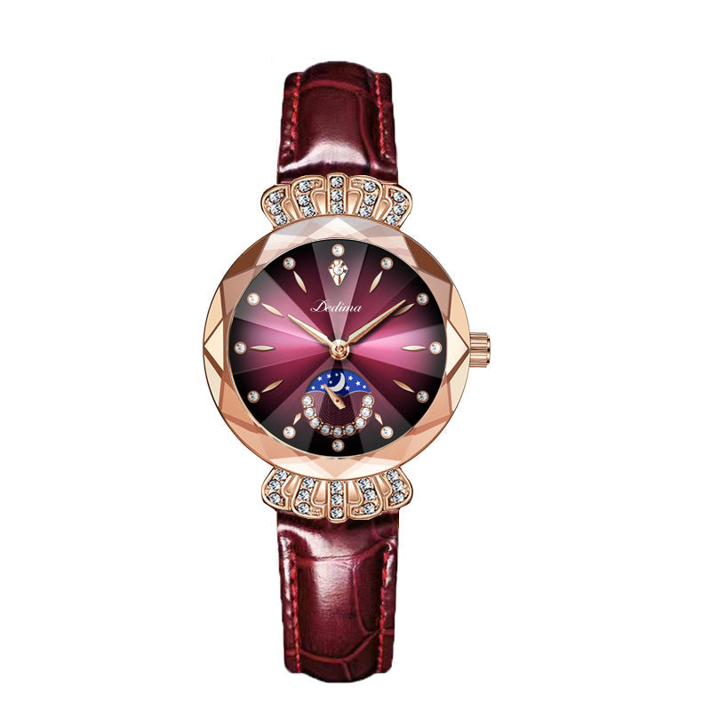 Maanfase Dameshorloge met Glanzende Steenaccenten Metalen Schakelband 30mm | Sansoti