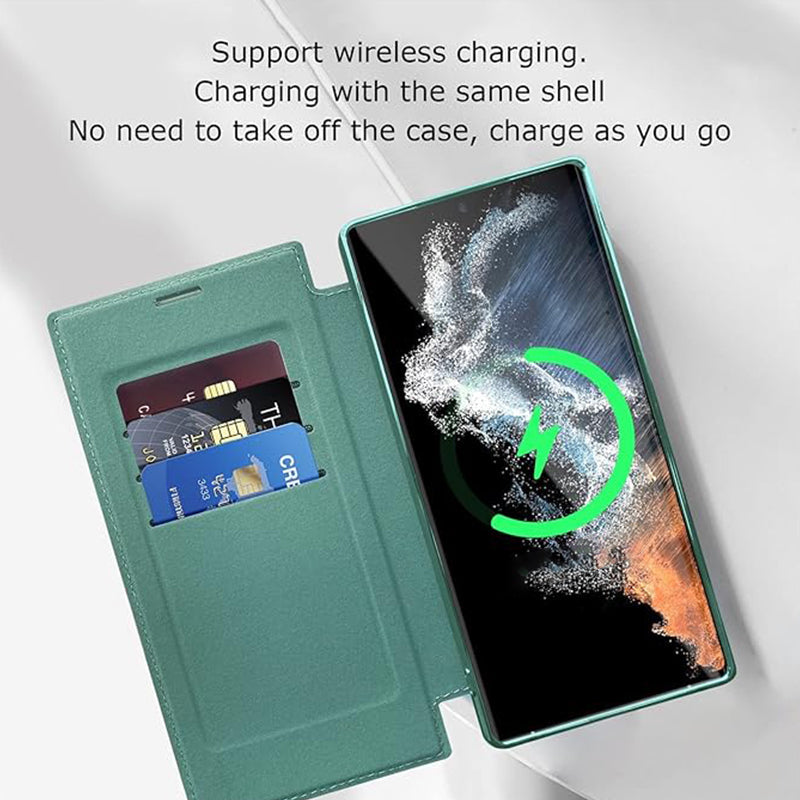 Magnetische Telefoonhoes Samsung met Ringhouder Leer-Look Zwart Blauw Groen Bruin | Kaartvakjes RFID Bescherming | Standaard Flip Case | Draadloos Laden | Sansoti
