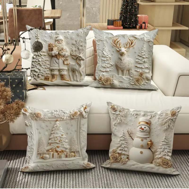 Feestelijke Kussenhoezen Set van 4 – Kerstmotieven met Gestructureerd Design voor Woonkamer & Slaapkamer | Zachte Polyester Sierkussens 45×45 cm voor Winter en Kerst | Sansoti