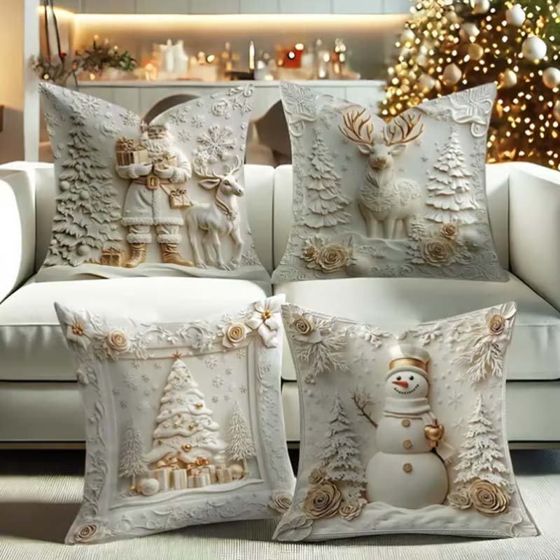 Feestelijke Kussenhoezen Set van 4 – Kerstmotieven met Gestructureerd Design voor Woonkamer & Slaapkamer | Zachte Polyester Sierkussens 45×45 cm voor Winter en Kerst | Sansoti