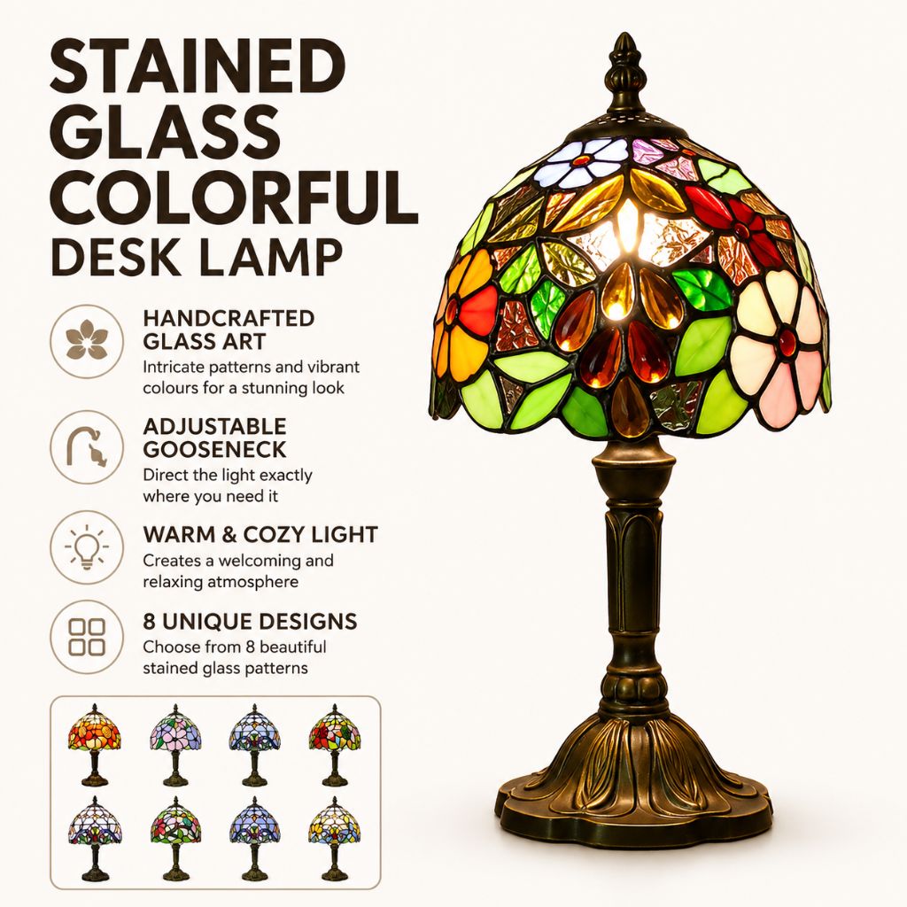 Tiffany Tafellamp met Glas-in-Lood Kap Verstelbaar Leeslamp Bureaulamp Scandinavisch Design Sfeerlicht | Sansoti