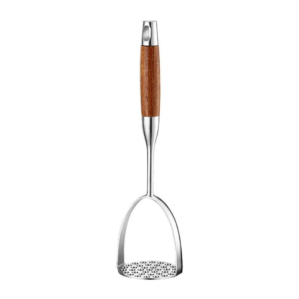 Presse-purée en acier inoxydable avec poignée en bois, ustensile de cuisine ergonomique, presse-purée et presse-légumes | Sansoti