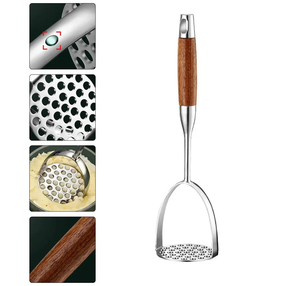 Presse-purée en acier inoxydable avec poignée en bois, ustensile de cuisine ergonomique, presse-purée et presse-légumes | Sansoti