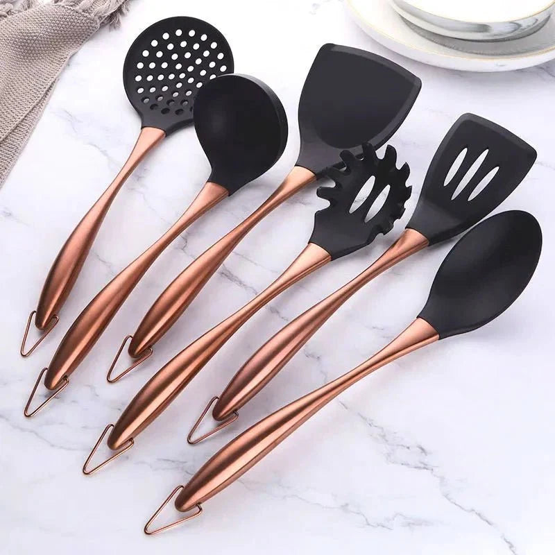 6-teiliges Küchenutensilien-Set aus Edelstahl, antihaftbeschichtet, Silber, Gold, Roségold, ergonomische Griffe, Kochlöffel, Pfannenwender, Küchenutensilien | Sansoti