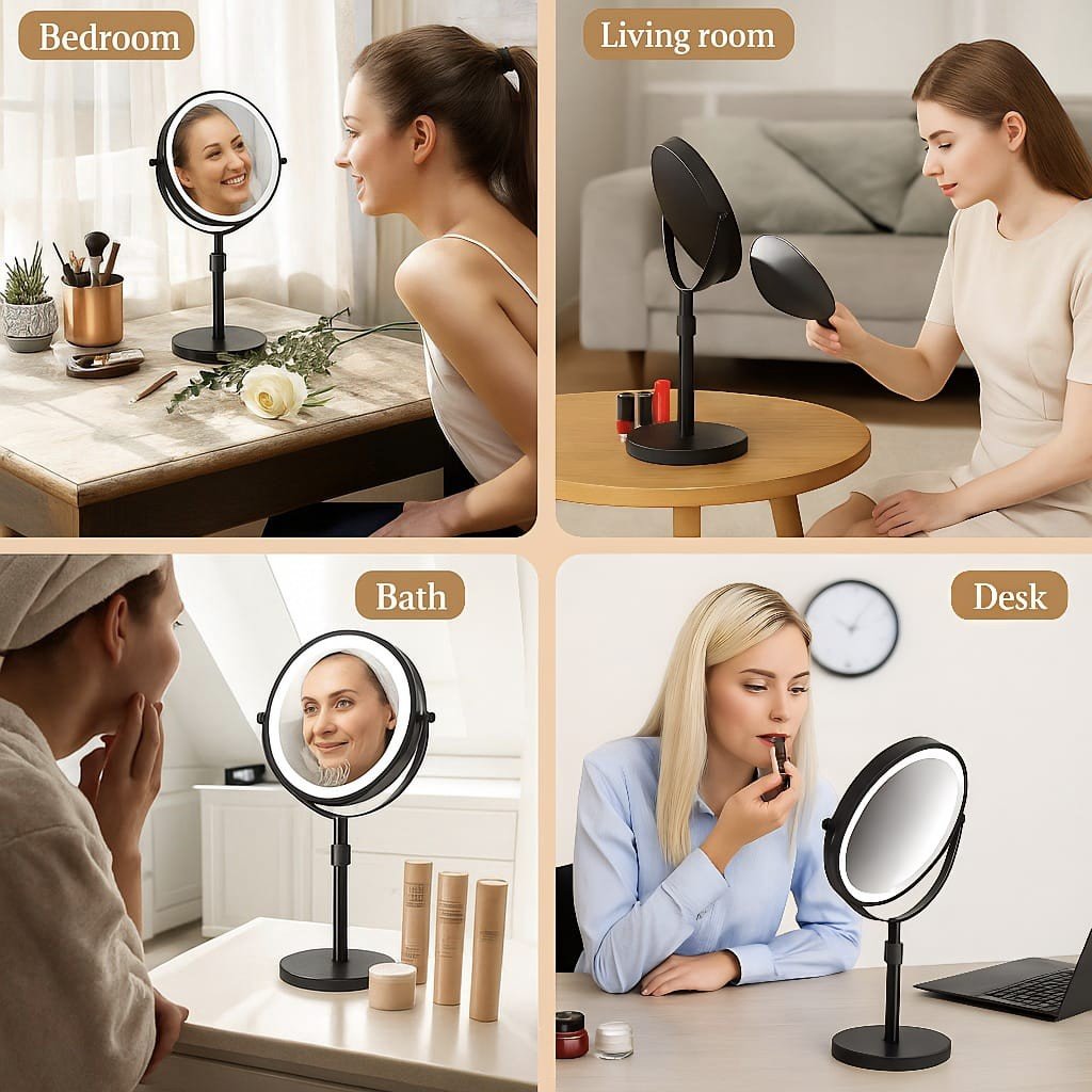 Stand-Schminkspiegel mit LED, verstellbar, 10-fache Vergrößerung, 3 Lichtmodi, aufladbar, 42–50 cm Höhe, Badezimmer | Sansoti