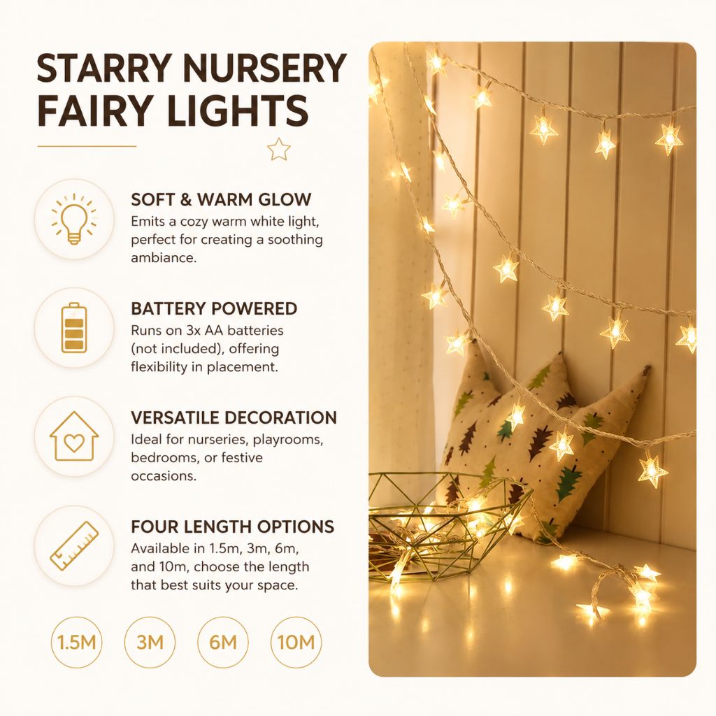 Guirlande lumineuse LED féerique à piles, blanc chaud, pour chambre d’enfant et de bébé, éclairage d’ambiance, décoration, étoiles et veilleuse | Sansoti
