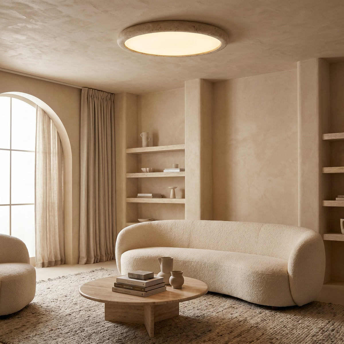 Plafonnier en travertin, pierre naturelle, rond, lumière chaude, design scandinave pour le salon et la chambre, 38-58 cm | Sansoti