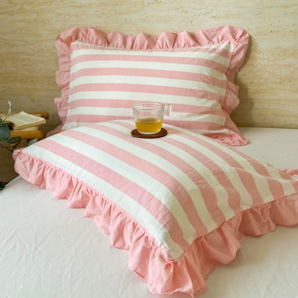 Ruffled Pillowcases with Striped Pattern for Queen-Size Pillows, Romantic Bedroom Bedding Decoration | Sansoti