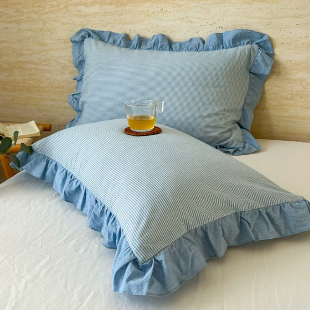 Ruffled Pillowcases with Striped Pattern for Queen-Size Pillows, Romantic Bedroom Bedding Decoration | Sansoti
