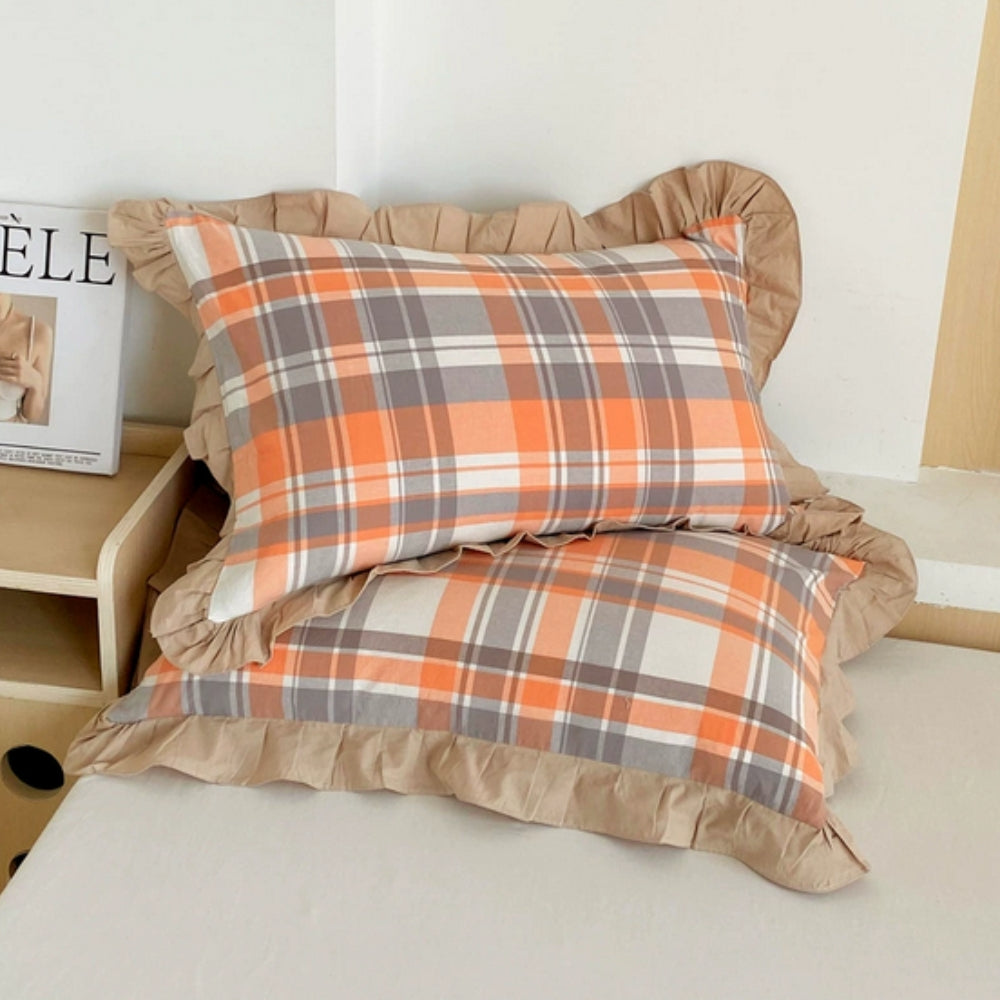 Ruffled Pillowcases with Striped Pattern for Queen-Size Pillows, Romantic Bedroom Bedding Decoration | Sansoti