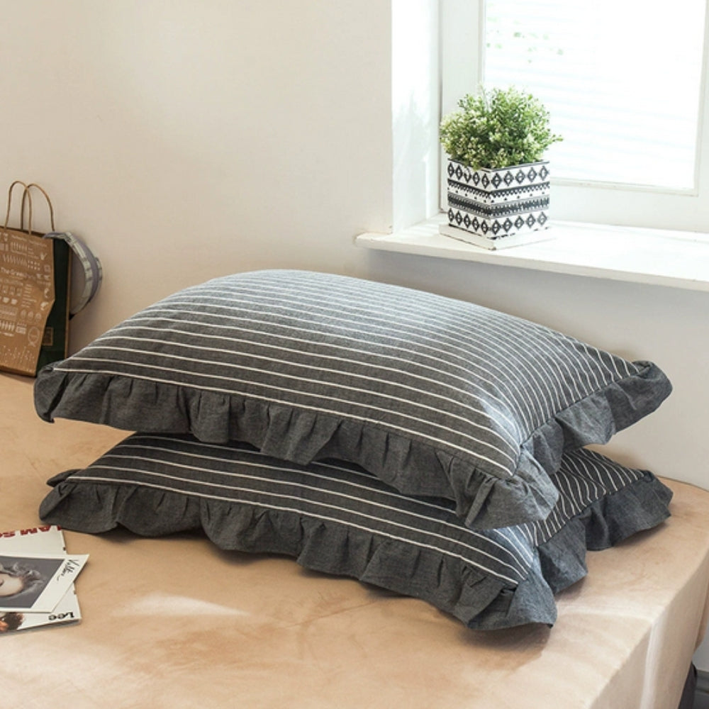 Ruffled Pillowcases with Striped Pattern for Queen-Size Pillows, Romantic Bedroom Bedding Decoration | Sansoti