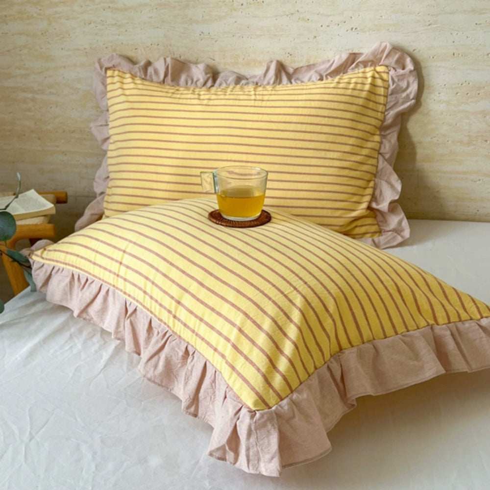 Ruffled Pillowcases with Striped Pattern for Queen-Size Pillows, Romantic Bedroom Bedding Decoration | Sansoti