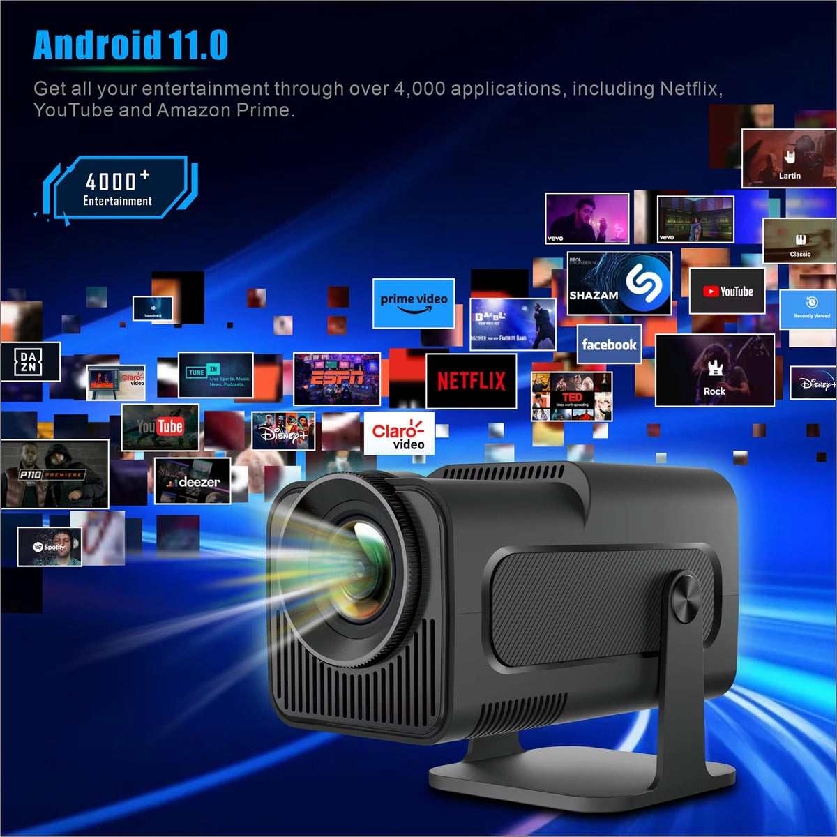Compacte LED-Projector 1080p Android 11 WiFi 6 Draagbaar Thuisbioscoop Scherm tot 150 Inch Overdag Gebruik | Sansoti