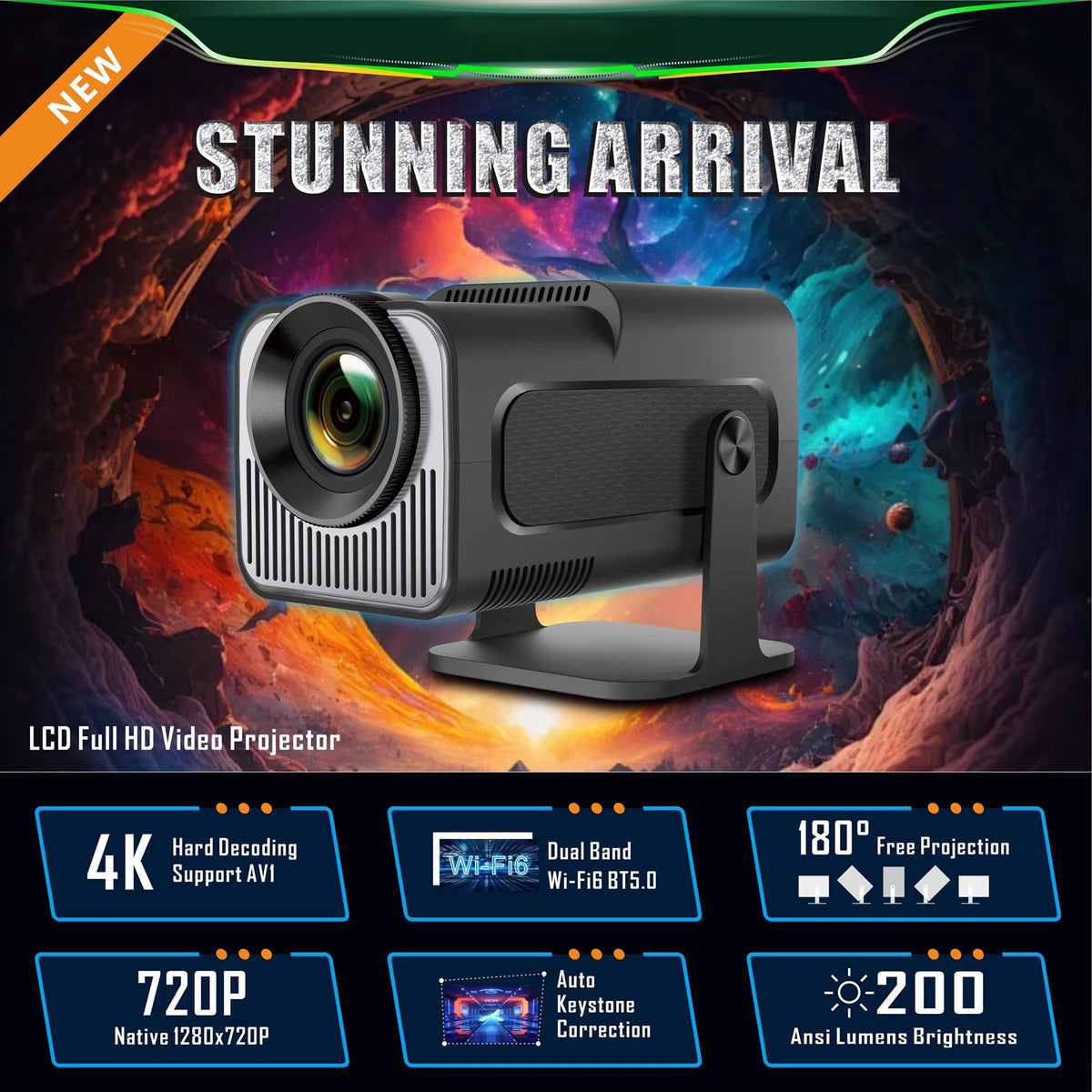 Compacte LED-Projector 1080p Android 11 WiFi 6 Draagbaar Thuisbioscoop Scherm tot 150 Inch Overdag Gebruik | Sansoti