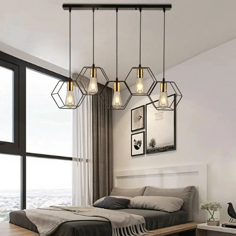 Suspension industrielle métal noir 35 lumières nid d'abeille hexagone G9 LED salle à manger loft | Restfield