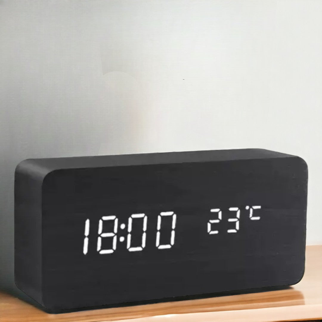 Digitaler Wecker aus Holz mit LED, Sprachsteuerung, Temperaturanzeige und einstellbarer Helligkeit für Schlafzimmer und Schreibtisch | Sansoti