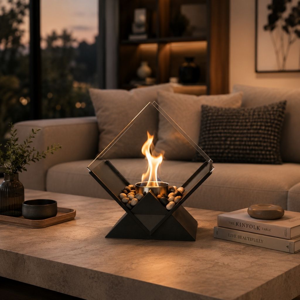 Bioethanol Smokeless Tabletop Fire Pit with Glass Pane, Decorative Indoor and Outdoor Table Fireplace for Atmospheric Heating | Sansoti