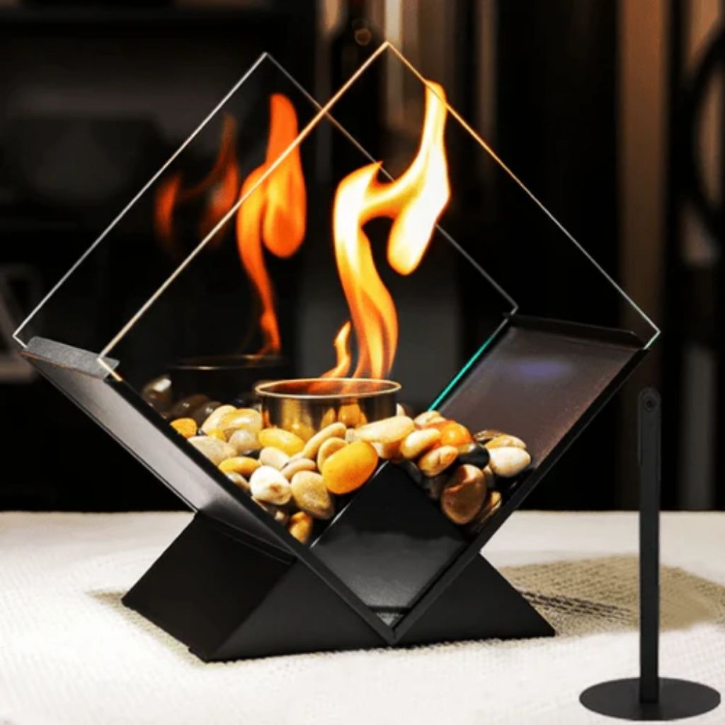 Bioethanol Smokeless Tabletop Fire Pit with Glass Pane, Decorative Indoor and Outdoor Table Fireplace for Atmospheric Heating | Sansoti