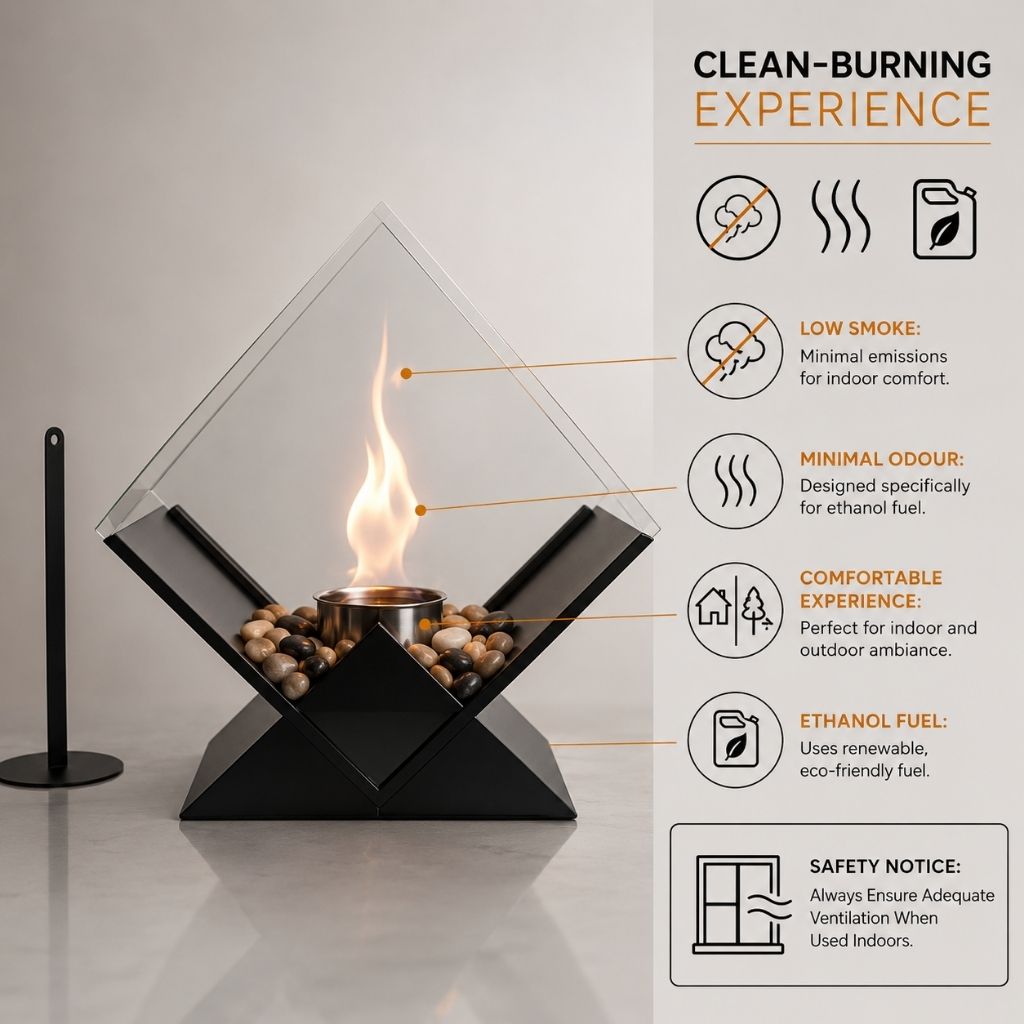 Bioethanol Smokeless Tabletop Fire Pit with Glass Pane, Decorative Indoor and Outdoor Table Fireplace for Atmospheric Heating | Sansoti
