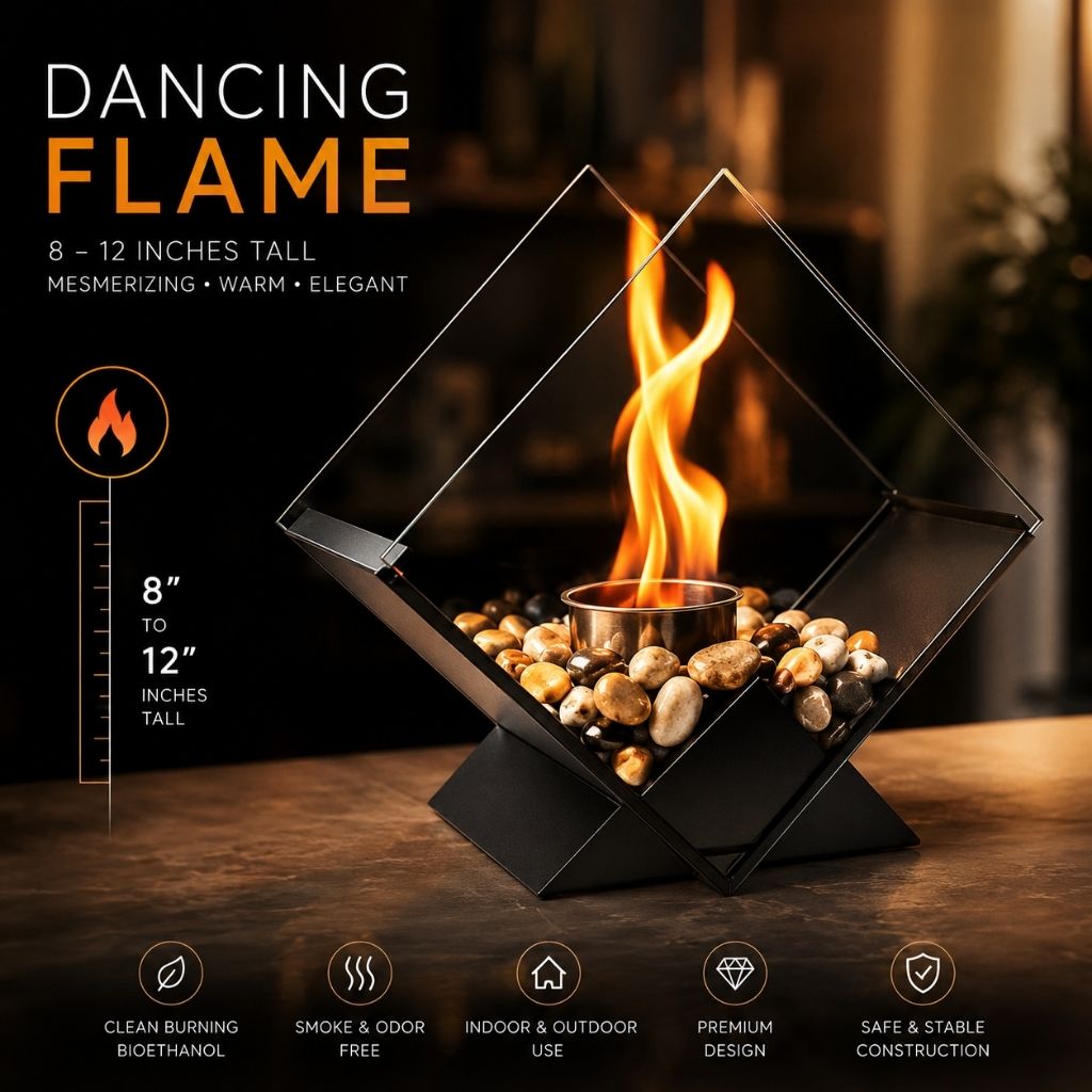 Bioethanol Smokeless Tabletop Fire Pit with Glass Pane, Decorative Indoor and Outdoor Table Fireplace for Atmospheric Heating | Sansoti