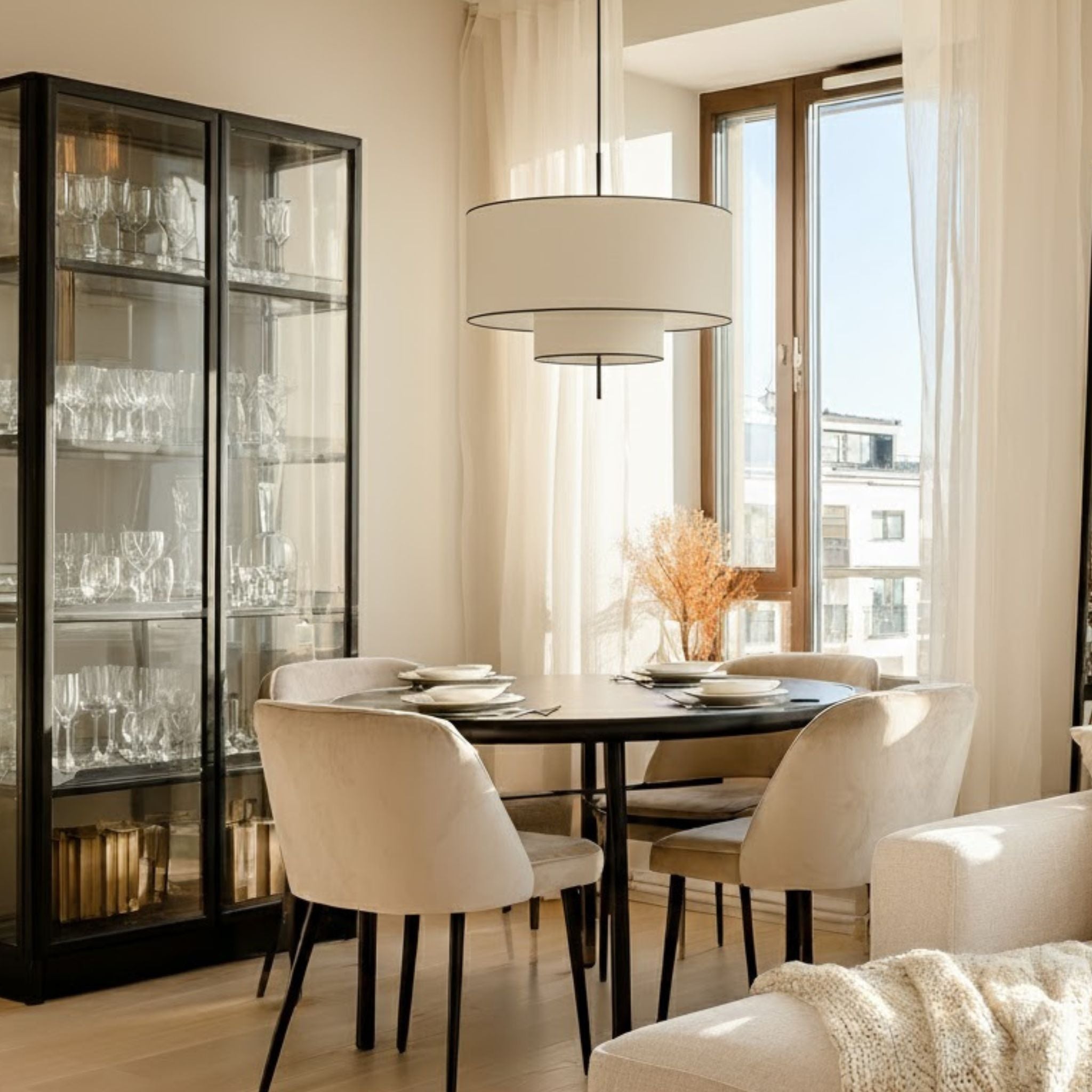 Hanglamp Cilinder Textiel Beige Dubbele Kap Modern Design | Sansoti