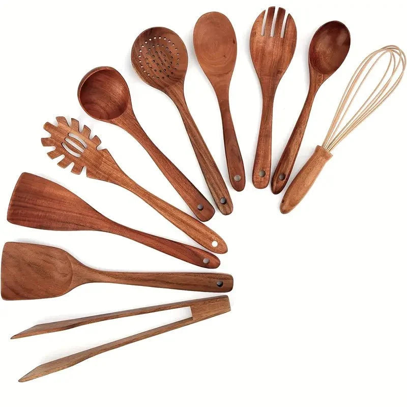 Küchenutensilien-Set aus Teakholz, 4- bis 10-teilig, langlebig, antihaftbeschichtungsfreundlich, handgefertigt, aus Holz, zum Kochen, Wenden, Löffeln und Servieren | Sansoti