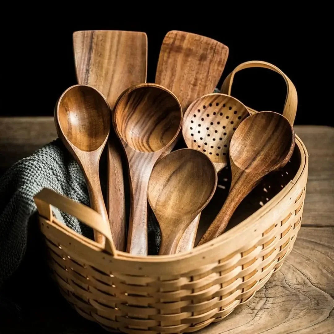 Küchenutensilien-Set aus Teakholz, 4- bis 10-teilig, langlebig, antihaftbeschichtungsfreundlich, handgefertigt, aus Holz, zum Kochen, Wenden, Löffeln und Servieren | Sansoti
