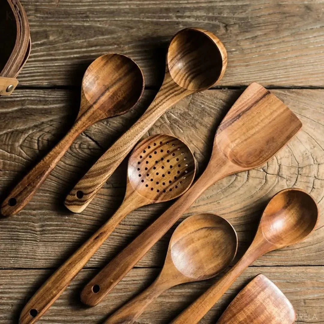 Küchenutensilien-Set aus Teakholz, 4- bis 10-teilig, langlebig, antihaftbeschichtungsfreundlich, handgefertigt, aus Holz, zum Kochen, Wenden, Löffeln und Servieren | Sansoti