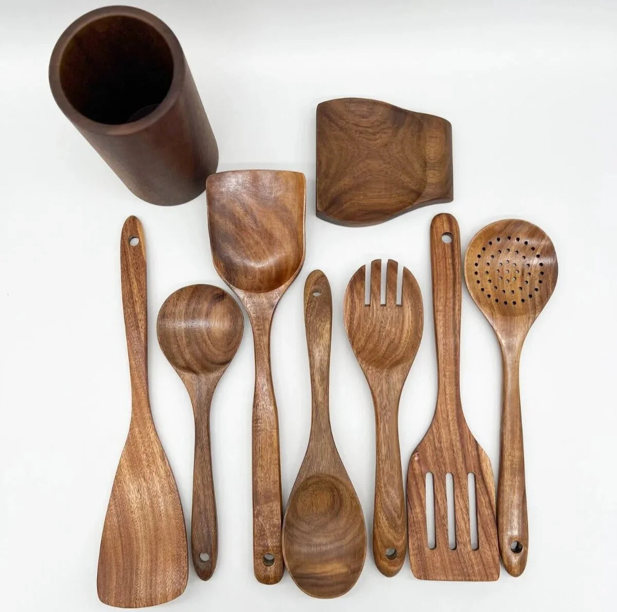 Küchenutensilien-Set aus Teakholz, 4- bis 10-teilig, langlebig, antihaftbeschichtungsfreundlich, handgefertigt, aus Holz, zum Kochen, Wenden, Löffeln und Servieren | Sansoti