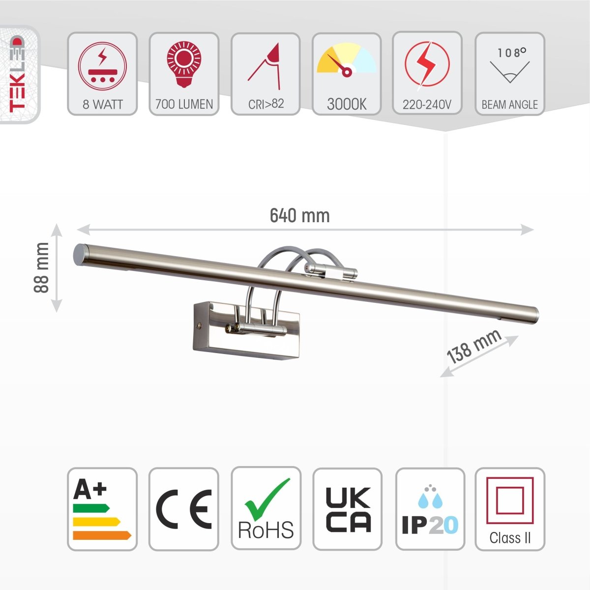Spiegelleuchte LED Warmweiß 3000K 8W 64cm Gold Nickel Messing Chrom Bilderlampe Wandleuchte