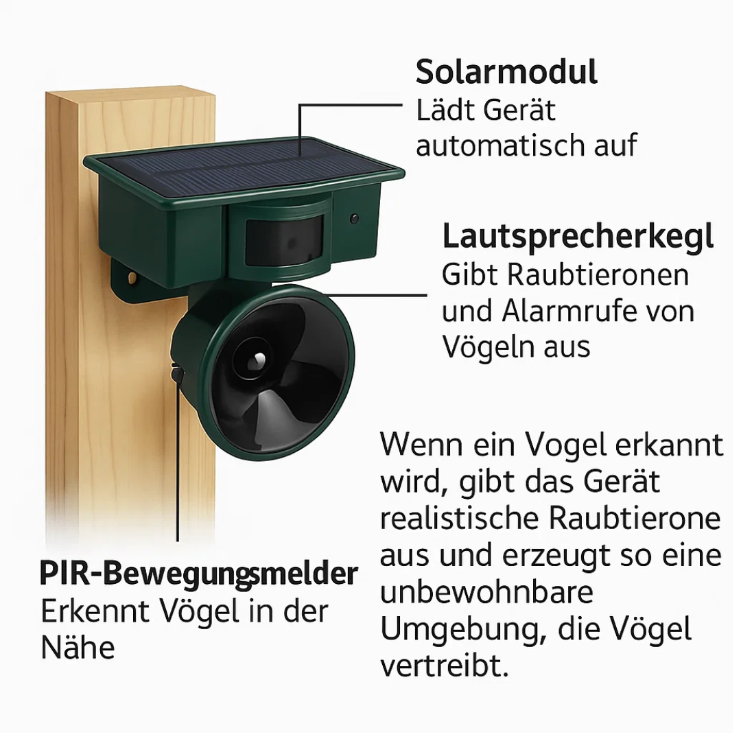 Vogelabwehr Solarenergie PIR Bewegungssensor Wasserdicht Akustische Abschreckung Garten Balkon Terrasse | Restfield