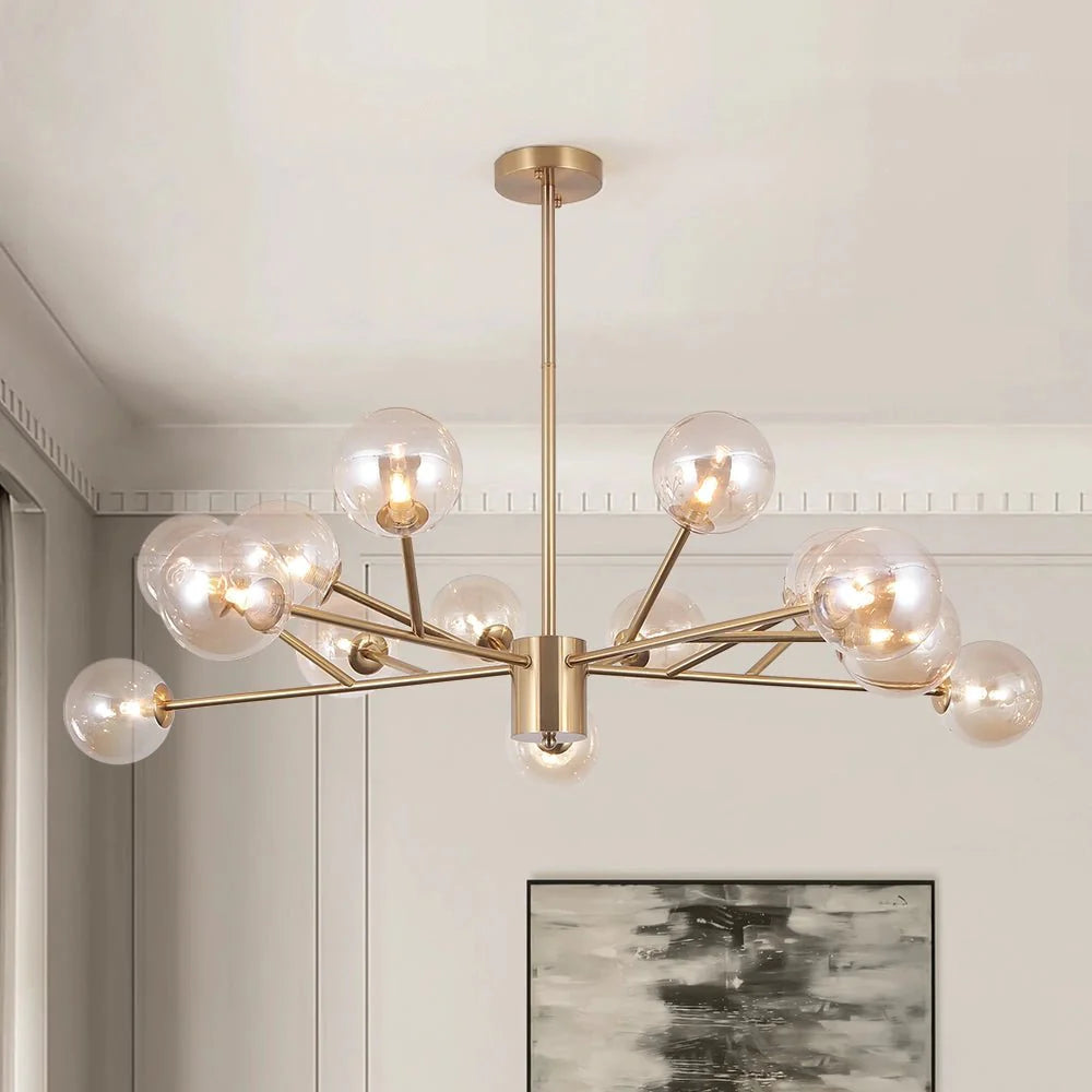 Moderne lineare Sputnik-Kronleuchter mit 15 Glaskugeln in Schwarz oder Messing – Design-Hängelampe 112 cm | Restfield