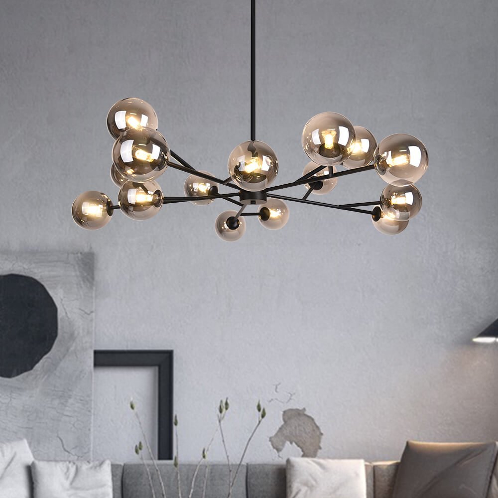 Moderne lineare Sputnik-Kronleuchter mit 15 Glaskugeln in Schwarz oder Messing – Design-Hängelampe 112 cm | Restfield