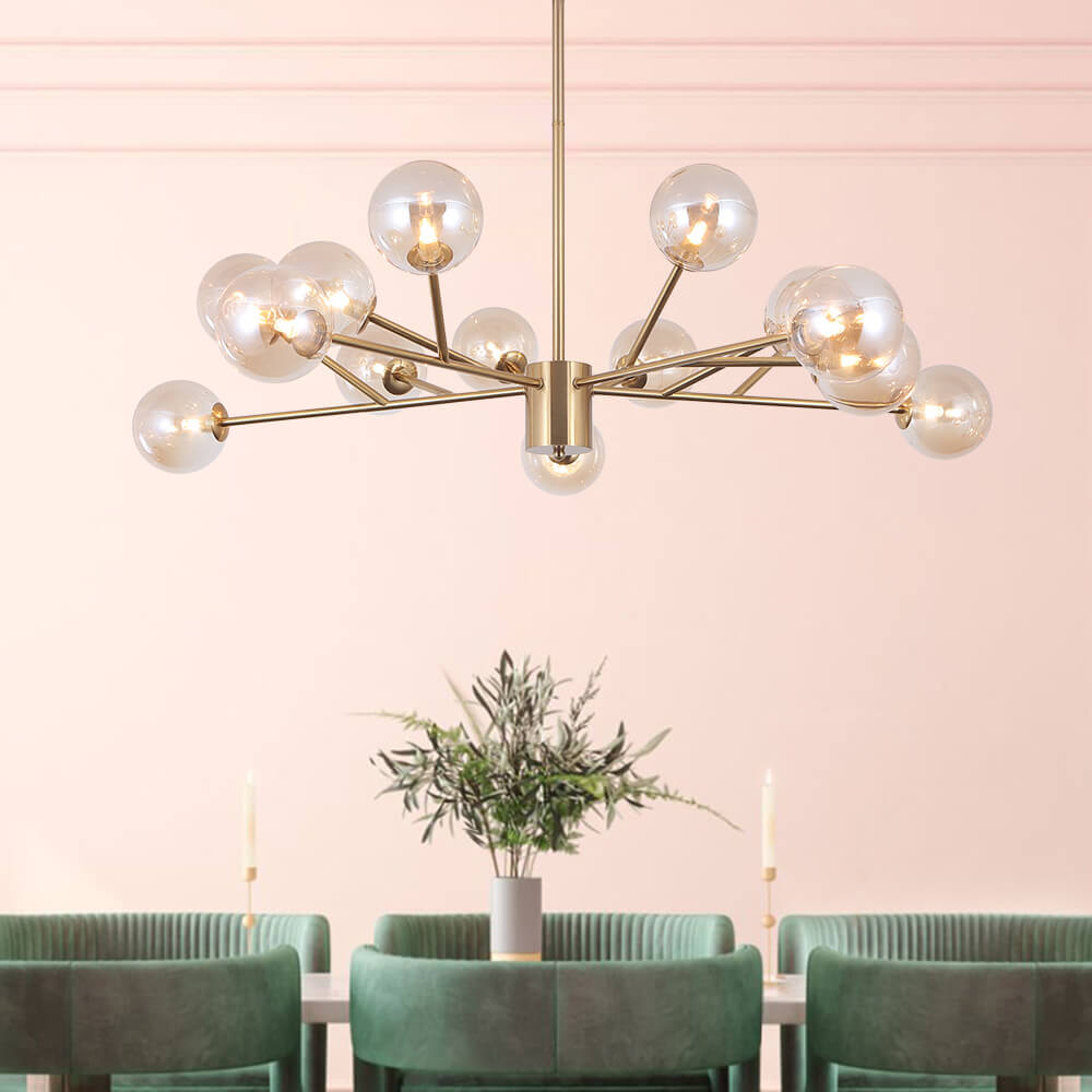 Moderne lineare Sputnik-Kronleuchter mit 15 Glaskugeln in Schwarz oder Messing – Design-Hängelampe 112 cm | Restfield
