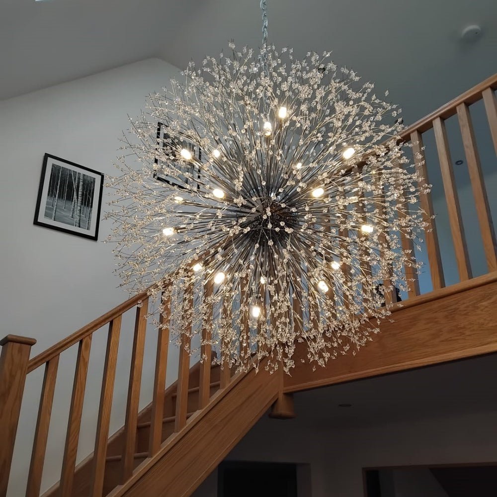 Großer Sputnik Kronleuchter mit Feuerwerk-Design und Kristalleffekt in Messing oder Chrom – luxuriöse Hängelampe 100 cm | Restfield
