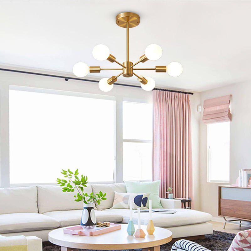Moderne sputnik kroonluchter met 6 armen in messing – minimalistische design hanglamp zonder glazen kap | Sansoti