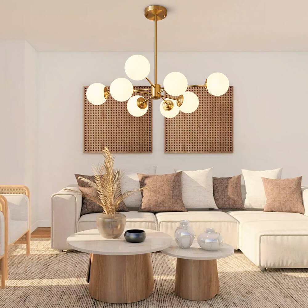 Moderne Sputnik-Kronleuchter mit Opalglaskugeln in Gold oder Schwarz – dimmbare Design-Hängelampe 6, 8 oder 12 Flammen | Restfield