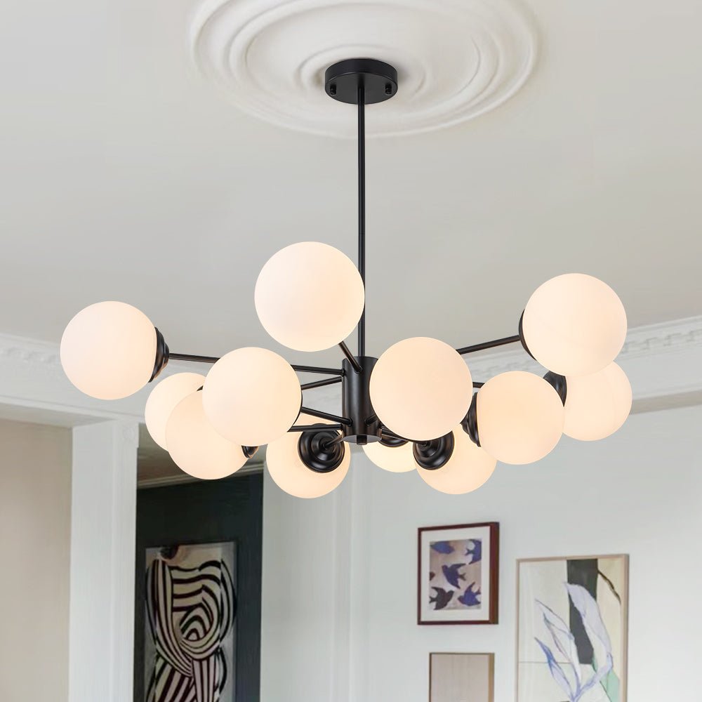 Moderne Sputnik-Kronleuchter mit Opalglaskugeln in Gold oder Schwarz – dimmbare Design-Hängelampe 6, 8 oder 12 Flammen | Restfield