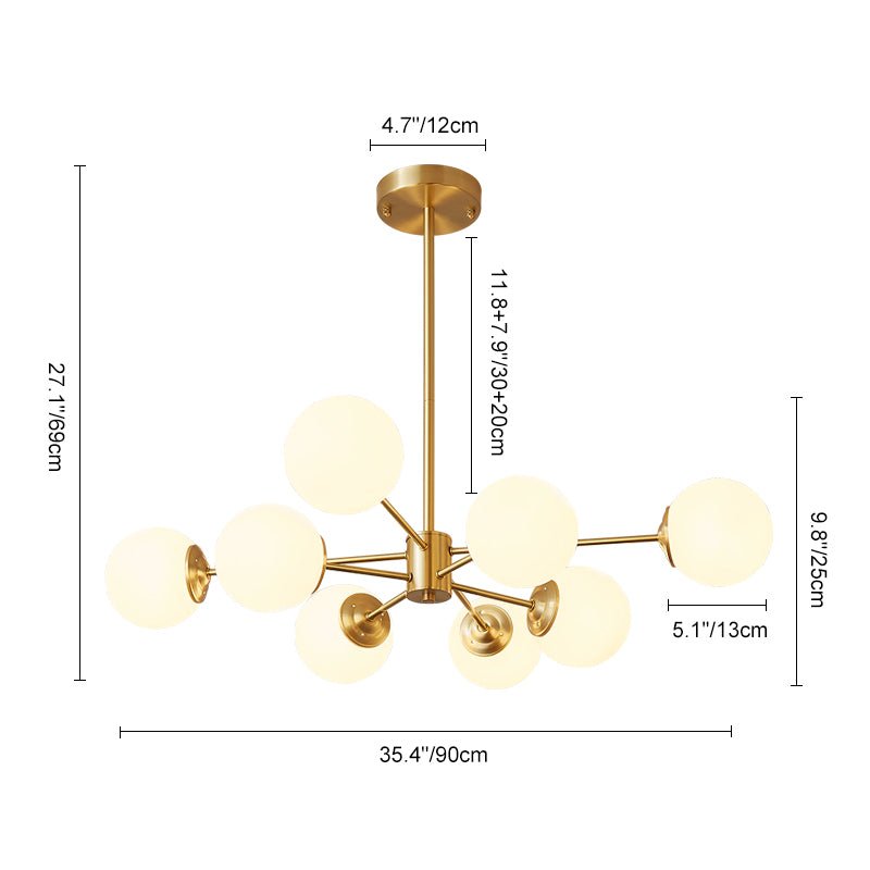 Moderne Sputnik-Kronleuchter mit Opalglaskugeln in Gold oder Schwarz – dimmbare Design-Hängelampe 6, 8 oder 12 Flammen | Restfield