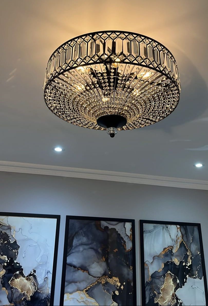 Plafonnier en cristal de luxe avec design tambour en laiton noir ou chrome – plafonnier glamour 50 cm | Restfield