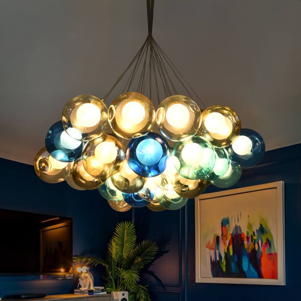 Moderne cluster hanglamp met multicolor glazen bollen – design kroonluchter met 12 19 25 of 50 lichtpunten | Sansoti